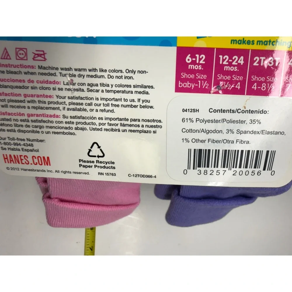 Hanes Girls Toddler Turn Cuff Socks 6 Pair Pack White Pink Purple 4T-5T NEW